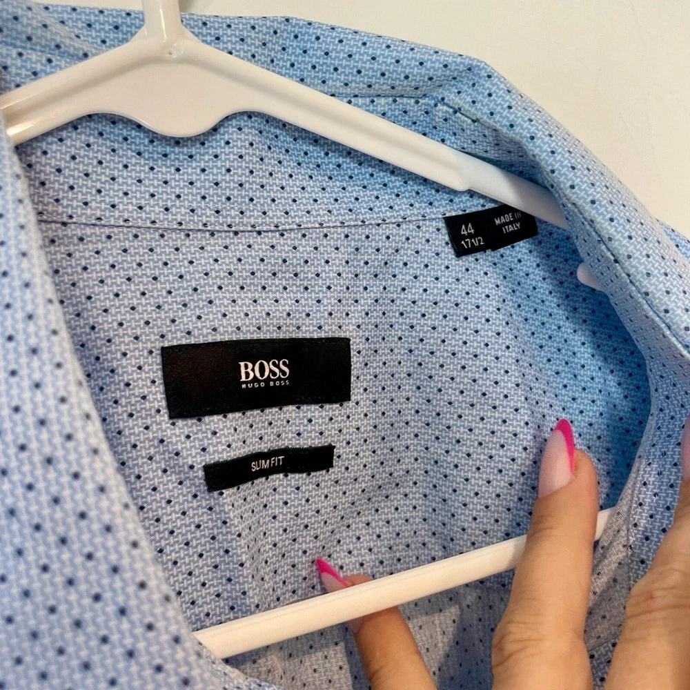 Hugo BOSS Long Sleeve Button Up Dress Shirt Mens 44 Blue Slim Fit Polka Dot‎